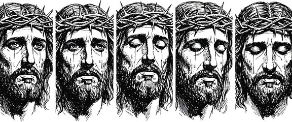 Five somber portraits of jesus christ wearing a crown of thorns