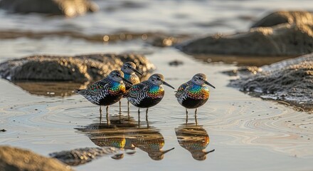 A flock of colorful sandpipers stand in shallow water at sunrise
