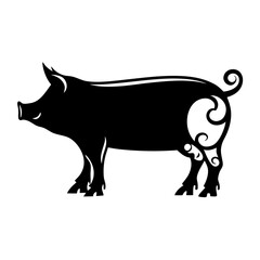 Silhouette pig illustration with ornate curly designs for decorative purposes art