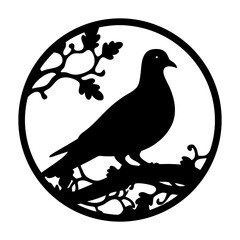 Silhouette of a Dove Resting on a Branch within a Circular Frame