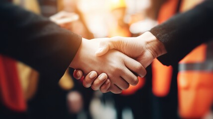 Business partnership agreement construction site image of handshake professional environment close-up perspective collaboration concept