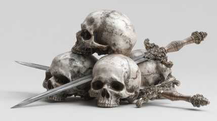 Obraz premium Four human skulls stacked on crossed swords isolated on white background, gothic dark concept with bone and blade symbol, macabre arrangement of death and weapon in dramatic composition