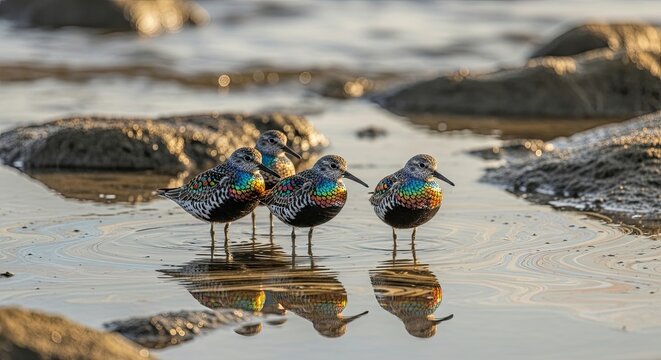 A flock of colorful sandpipers stand in shallow water at sunrise - Powered by Adobe