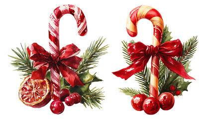 Festive illustration of two candy canes decorated with red ribbons, holly leaves, and dried fruit. Transparent background.
