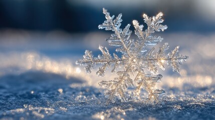 Delicate Snowflake on Ice Surface with Sparkling Winter Light