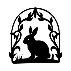Silhouette of a bunny rabbit surrounded by a decorative floral archway