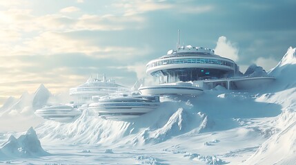 Futuristic arctic research station on a snowy mountain, showcasing advanced technology and sustainable design in a remote and icy landscape