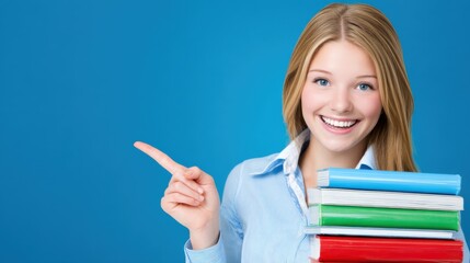 Student celebrates academic success with books classroom setting portrait bright environment enthusiastic viewpoint learning motivation