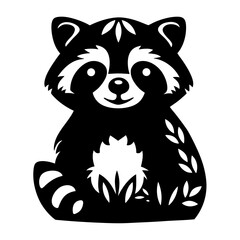 Monochrome Adorable Raccoon Illustration Sitting in a Forest Clearing Silhouette Design
