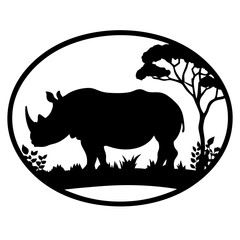 A silhouette of a rhinoceros in an oval African savanna scene
