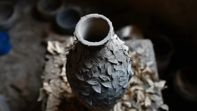 Ceramic vase with an overlapping scale-like pattern covering its surface.