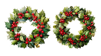 Watercolor Christmas wreath. The wreath is made of green holly leaves and red berries. The background is transparent.