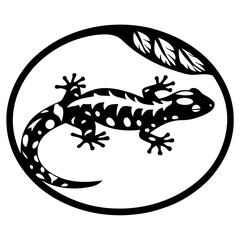 Stylized gecko illustration in a black circular frame with leaf detail