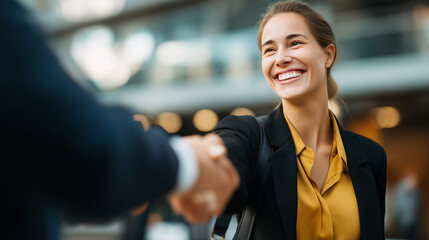Enthusiastic cheerful businesswoman extending welcoming handshake to female business partner initiating positive collaboration and professional partnership relationship business