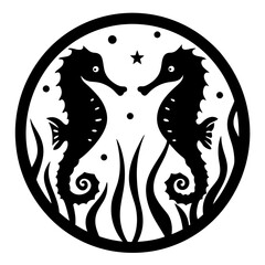 Elegant black and white seahorse couple in circular sea life design