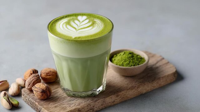 Matcha latte with latte art in a glass on a wooden board, with pistachios and a bowl of matcha powder nearby.