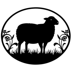 Sheep grazing in a pasture, framed by a circular floral design