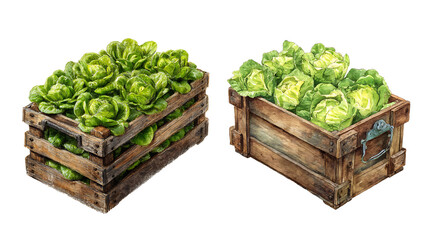 Watercolor illustration of two wooden crates filled with fresh lettuce.