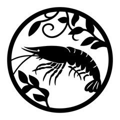 Black silhouette of a shrimp surrounded by decorative leaves and a circle