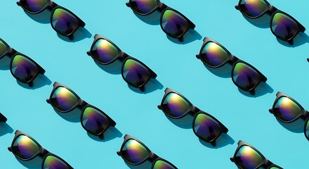 Diagonal rows of colorful mirrored sunglasses on a bright blue background