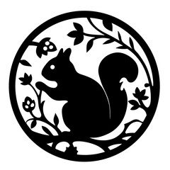Silhouette of a squirrel in a circle surrounded by foliage design art
