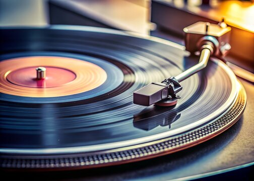 Closeup of a vinyl record spinning on a vintage turntable with a tonearm