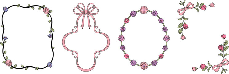 Set of vintage floral decorative frames with roses, ribbons, blossoms, hand drawn wreaths, romantic border design, greeting card template ©  Creative vectors