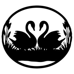 Elegant black silhouette of two swans forming a heart shape with necks