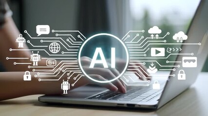 Person Typing On Laptop With Artificial Intelligence Graphic Overlayed - Powered by Adobe
