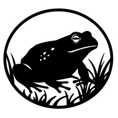 Black Silhouette Frog in Circle with Grasses Illustration, Isolated Image