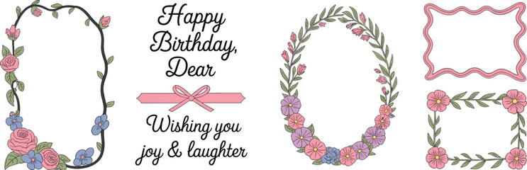 Set of vintage floral decorative frames with roses, ribbons, blossoms, hand drawn wreaths, romantic border design, greeting card template ©  Creative vectors