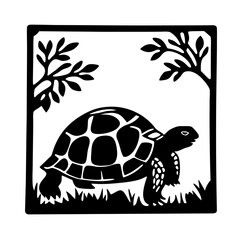 Stylized Black and White Silhouette of a Turtle in Nature Frame