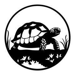 Black and white silhouette of a turtle walking in a circle scene