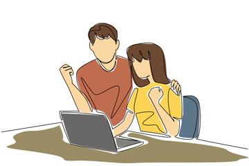 Single one line drawing a young couple expressing themselves in front of a laptop. Targeting items in cyberspace and getting discounts. Shopping. Surprise. Continuous line design graphic illustration