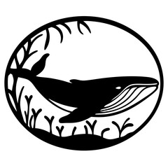 Elegant black and white whale illustration within a circular floral border design