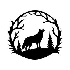Silhouette of Howling Wolf Surrounded by a Forest in a Circle Design