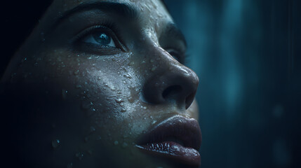 Close-up Portrait of a Woman's Face with Water Droplets, Looking Upward in a Dark, Moody Setting with Focus on Skin Texture and Eye Detail