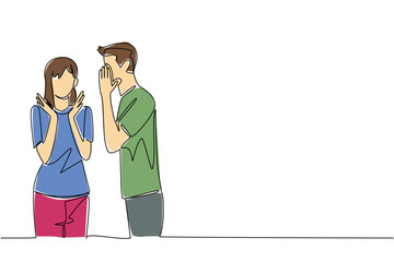 Continuous one line drawing a man whispers to a woman who raises both her hands. Seduced by whispering romantic love sentences. Very loving. Surprise. Single line draw design vector illustration