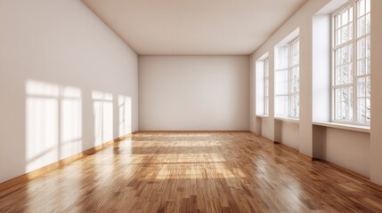 Obraz premium A High Resolution image of spacious empty room with wooden floor and large windows with white curtains.