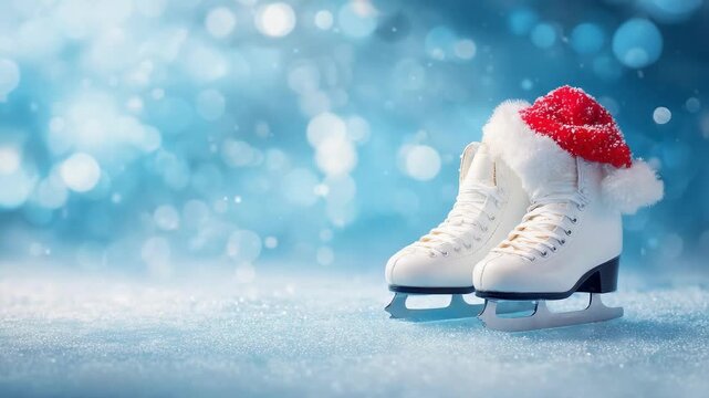 A pair of white ice skates with a red Santa hat resting on snowy ice.