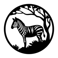 Striking Black and White Zebra Silhouette Artwork in a Circular Design Frame