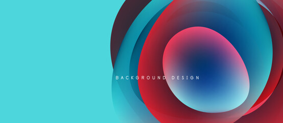 Abstract design features overlapping circles, vibrant colors. Turquoise background contrasts with red, blue gradients. Modern, dynamic composition.