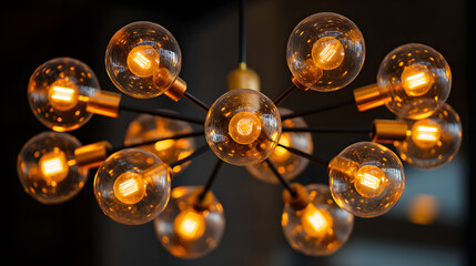 Modern Chandelier with Edison Bulbs: Close-Up of Contemporary Lighting Fixture with Warm, Atmospheric Glow and Black and Gold Accents