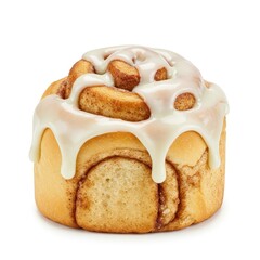 Cinnamon Roll with Creamy White Icing on White Background