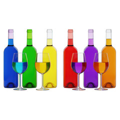 Rainbow spectrum of six colorful liquid bottles and matching stemmed glasses