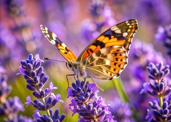 A painted lady butterfly rests on a vibrant purple lavender flower in a closeup macro shot