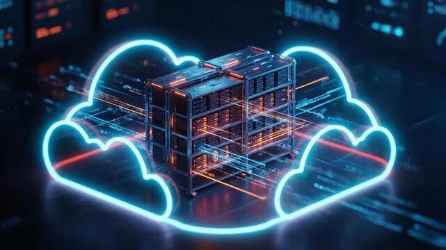 Server Racks Inside Neon Outlined Cloud Computing Illustration on Dark Background