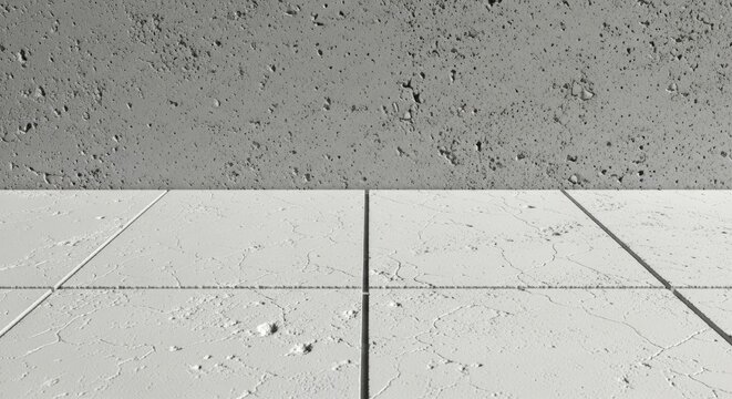 Abstract background featuring a rough grey concrete wall and a textured white floor with cracks, creating a stark, indus...