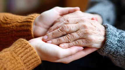 Hands support elderly compassion care comfort warmth kindness charity friendship gentle touch comforting hands showing emotional support compassion between generations warm sweaters close up