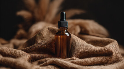 Amber glass dropper bottle brown fabric natural texture soft lighting organic skincare minimalist style elegant wellness relaxation beauty product